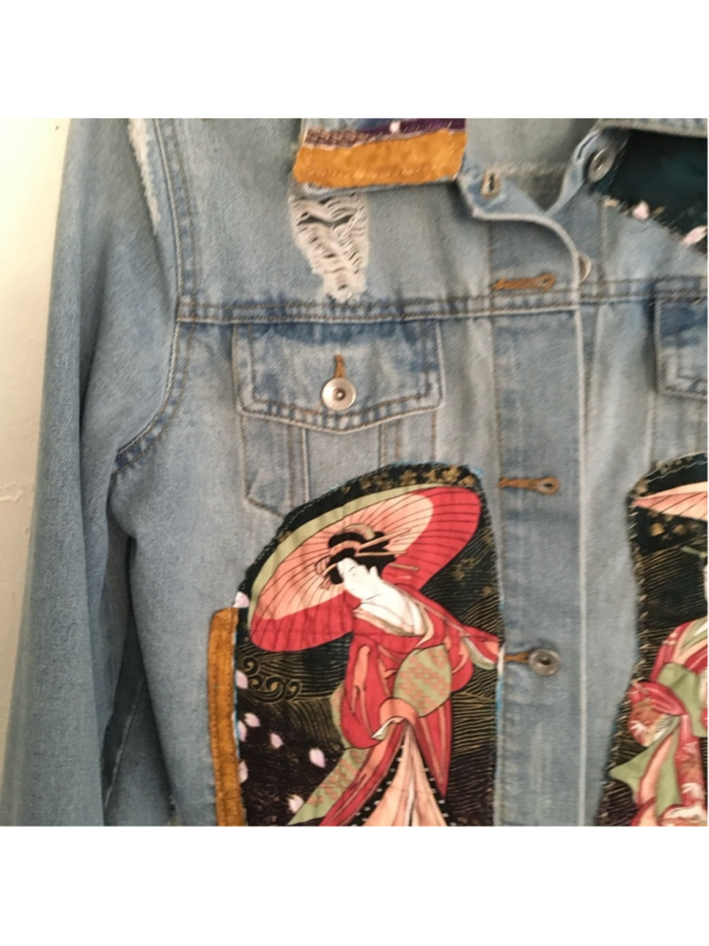 Handmade Upcycled Denim Jacket Geisha Girl Art Kimono XL - Picture 6 of 12